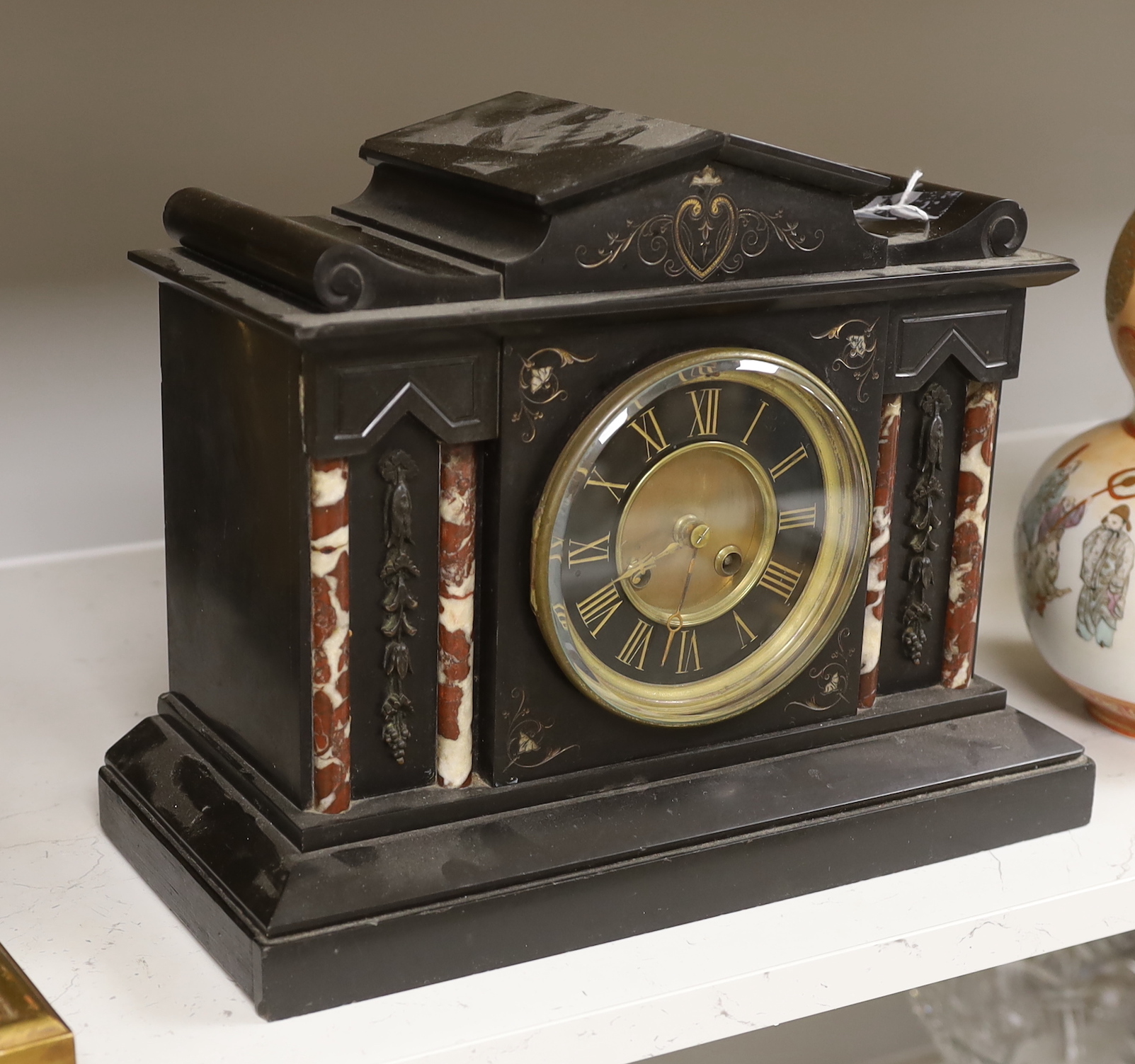 A Victorian slate and marble clock, 34.5 x 27cm